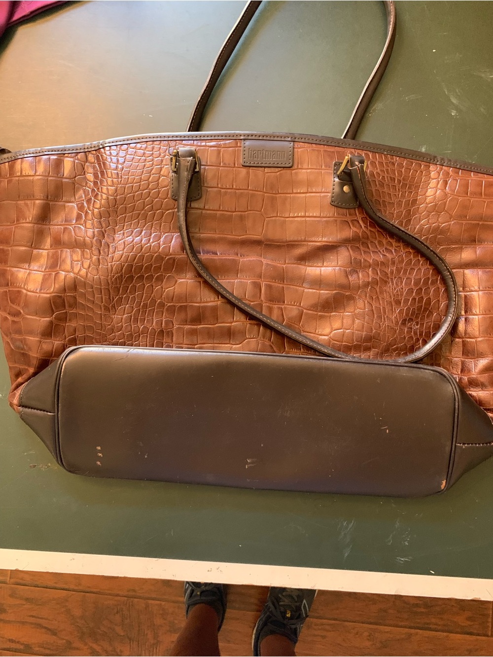 Cognac Croc-Embossed Tote Bag with Dark Brown Base - Everyday Travel Tote